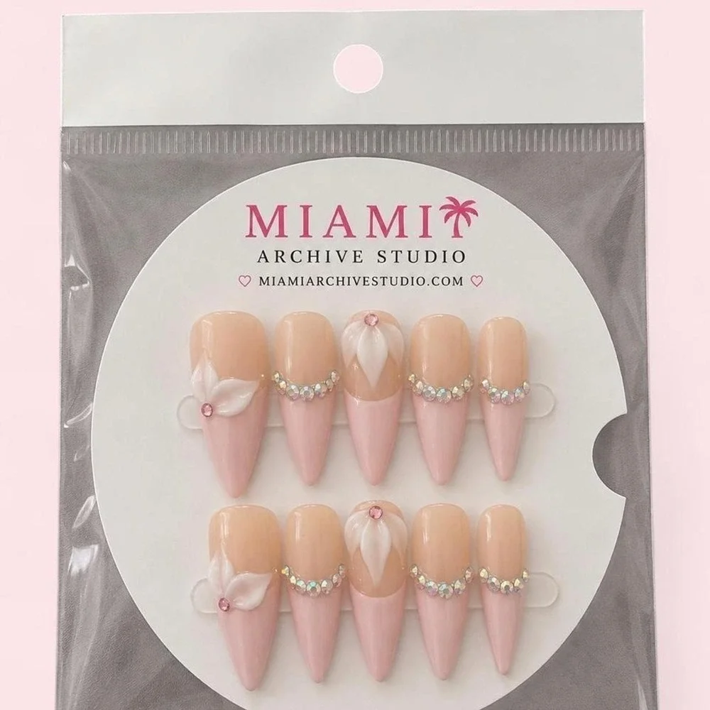 Handmade Luxury Pink French Tip Press-On Nails – 3D Floral